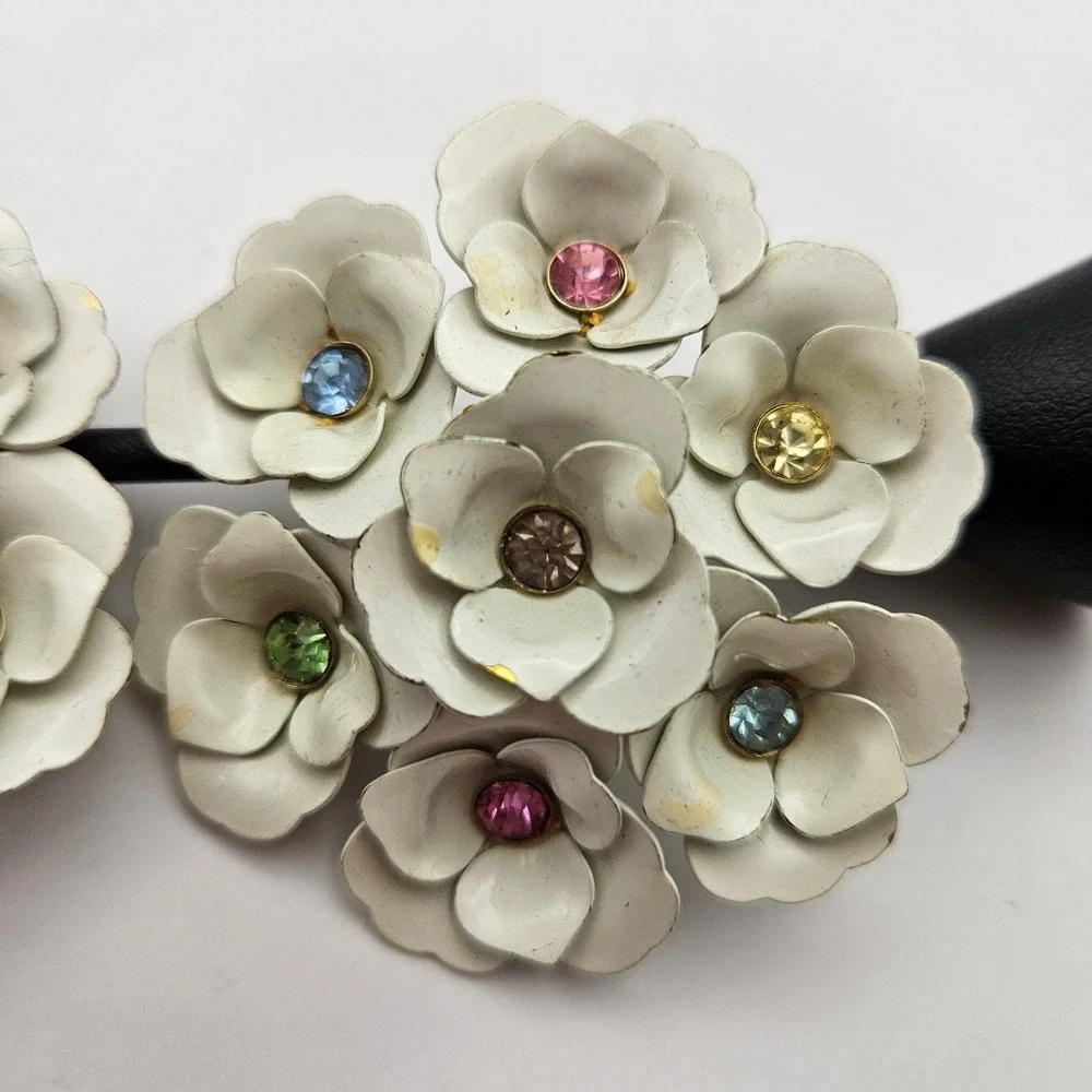 Vintage White Enamel Flower Cluster Clip On Earrings Multi Color Rhinestone 60s